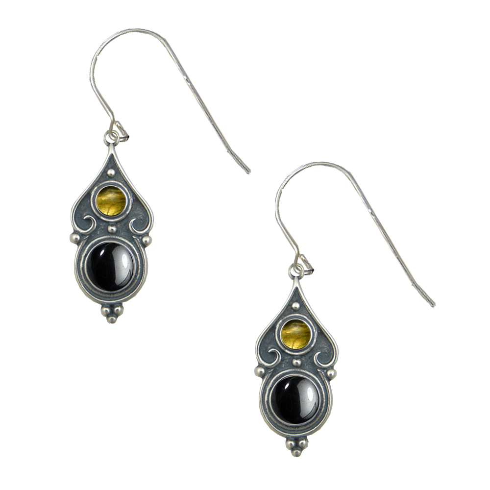 Sterling Silver Designer Post Stud Earrings With Hematite And Citrine